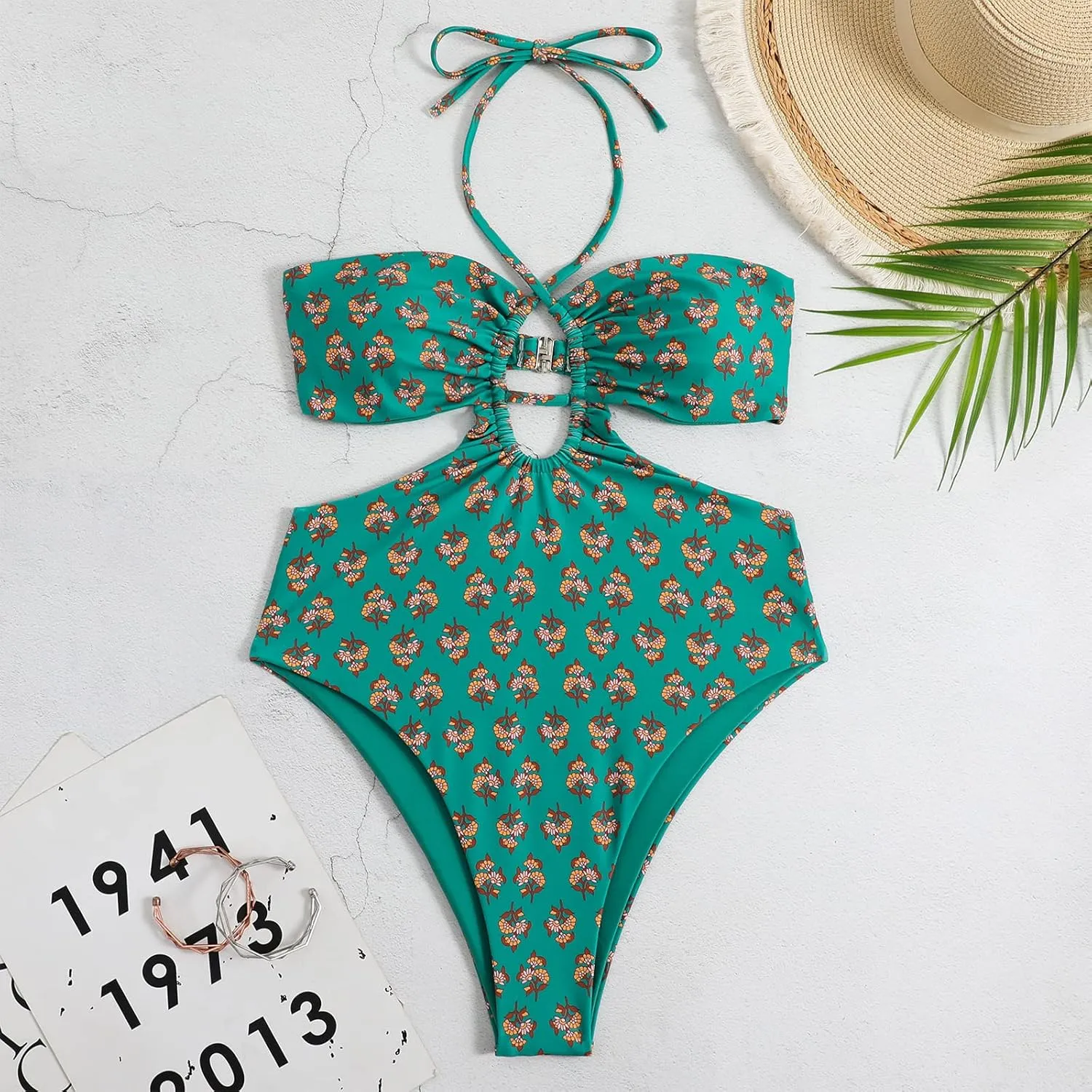 IDOPIP Women's One Piece Swimsuit with Beach Cover up Wrap Skirt Sarong Retro Floral Print Bikini Set Two Piece Bathing Suit