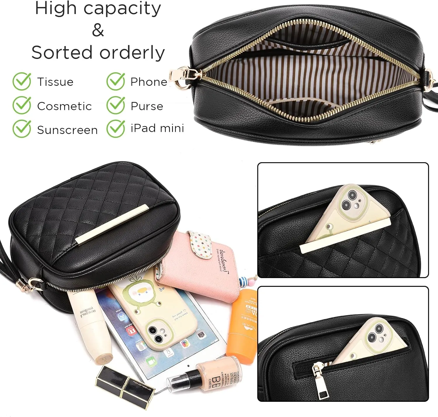 IHAYNER Cute Little Crossbody Bag for Women - Quilted Shoulder Purse for Teen Girls - Lightweight Purse With Tassel