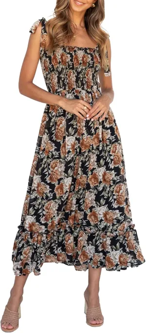 Imily Bela Womens Summer Dress Tie Strap Boho Floral Beach Dress Square Neck Ruffle Sun Dresses A Line Smocked Maxi Dress