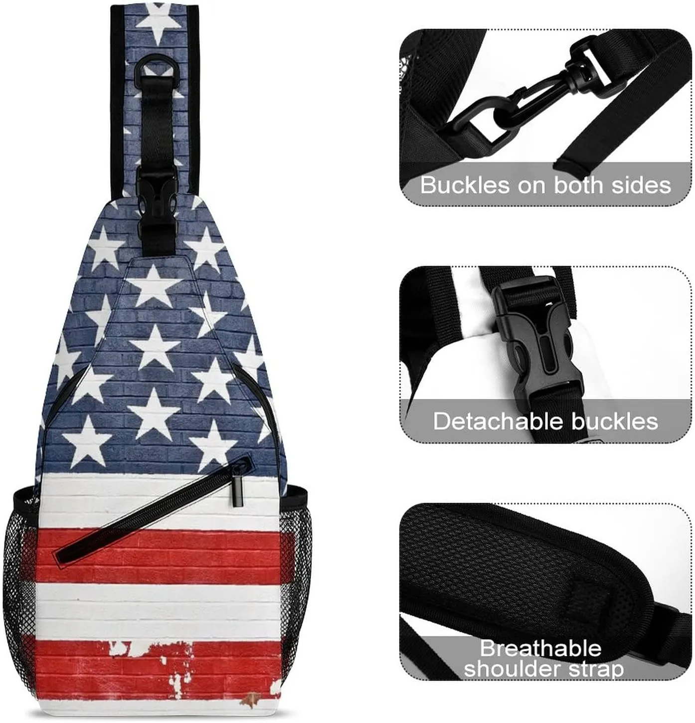 IMPCOKRU Sling Bag for Men Women Crossbody Backpack Grunge American Flag Wall,Lightweight Shoulder Backpack for Causal Sport Travel Hiking.