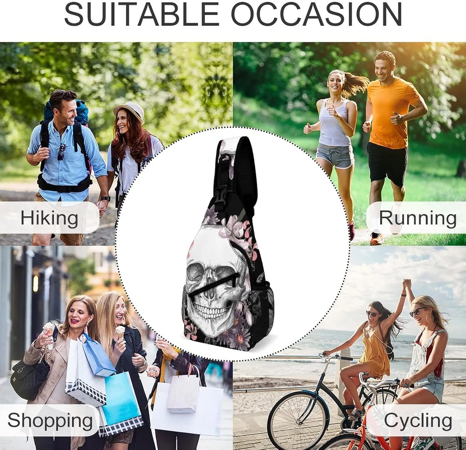 IMPCOKRU Sling Bag for Men Women Crossbody Backpack Skull and Flowers,Lightweight Shoulder Backpack for Causal Sport Travel Hiking.