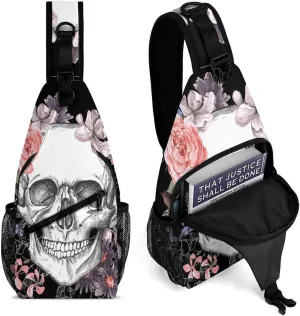 IMPCOKRU Sling Bag for Men Women Crossbody Backpack Skull and Flowers,Lightweight Shoulder Backpack for Causal Sport Travel Hiking.
