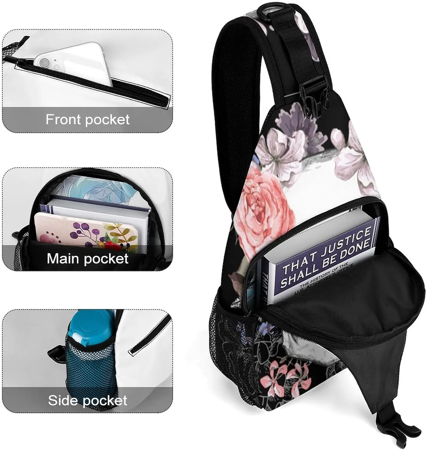 IMPCOKRU Sling Bag for Men Women Crossbody Backpack Skull and Flowers,Lightweight Shoulder Backpack for Causal Sport Travel Hiking.