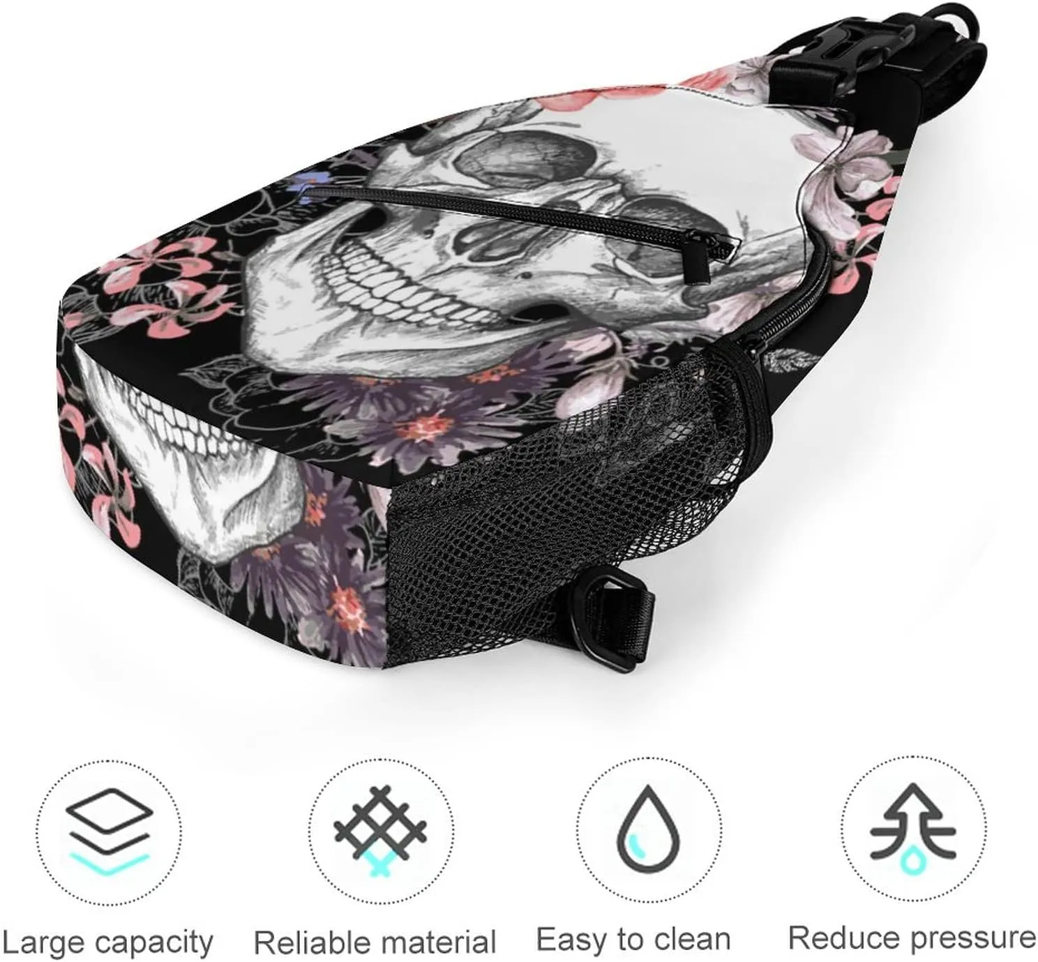 IMPCOKRU Sling Bag for Men Women Crossbody Backpack Skull and Flowers,Lightweight Shoulder Backpack for Causal Sport Travel Hiking.