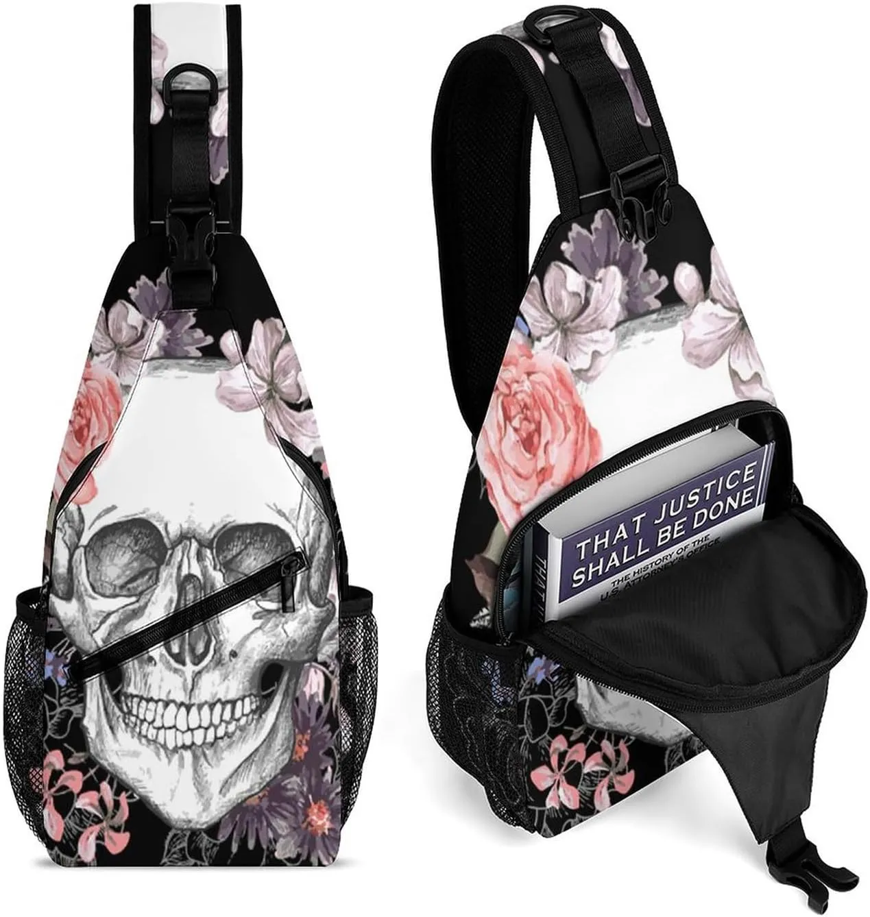 IMPCOKRU Sling Bag for Men Women Crossbody Backpack Skull and Flowers,Lightweight Shoulder Backpack for Causal Sport Travel Hiking.