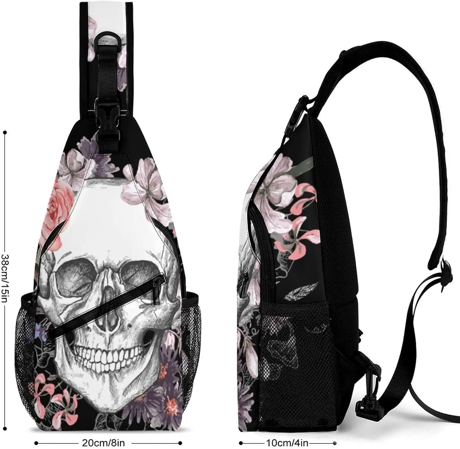 IMPCOKRU Sling Bag for Men Women Crossbody Backpack Skull and Flowers,Lightweight Shoulder Backpack for Causal Sport Travel Hiking.