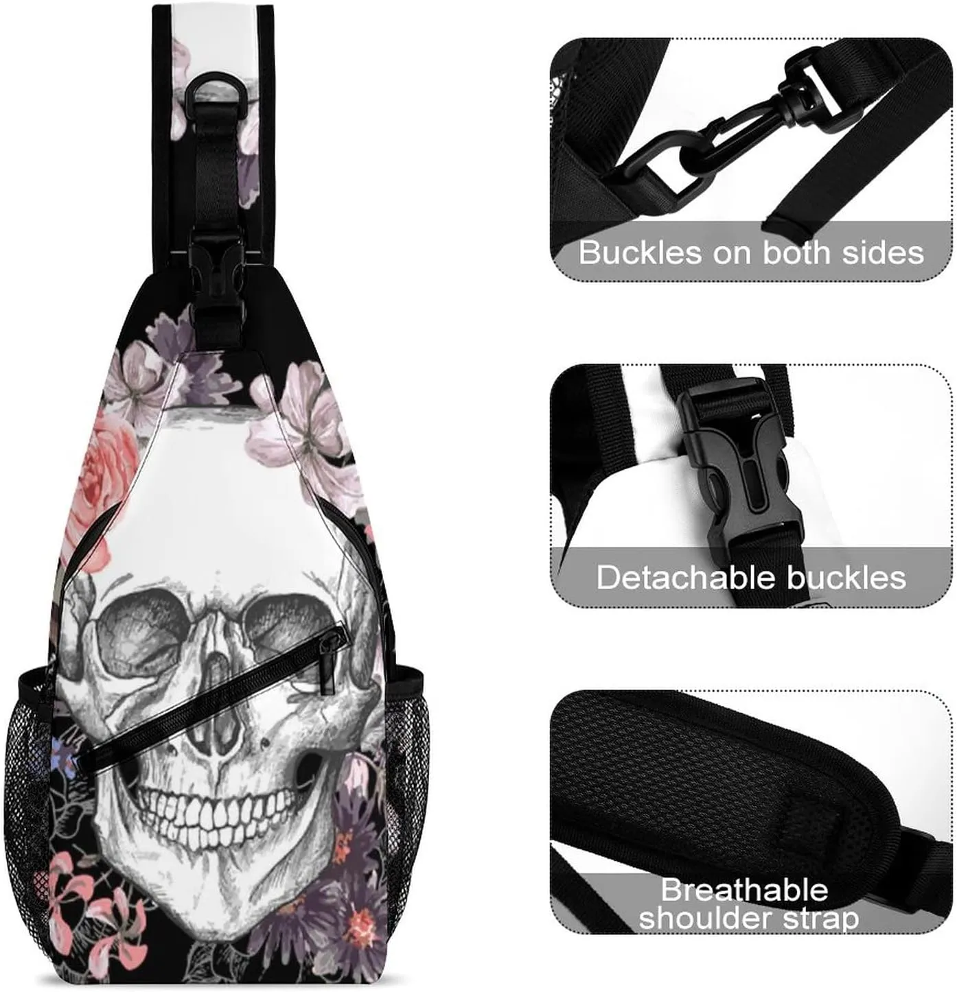 IMPCOKRU Sling Bag for Men Women Crossbody Backpack Skull and Flowers,Lightweight Shoulder Backpack for Causal Sport Travel Hiking.
