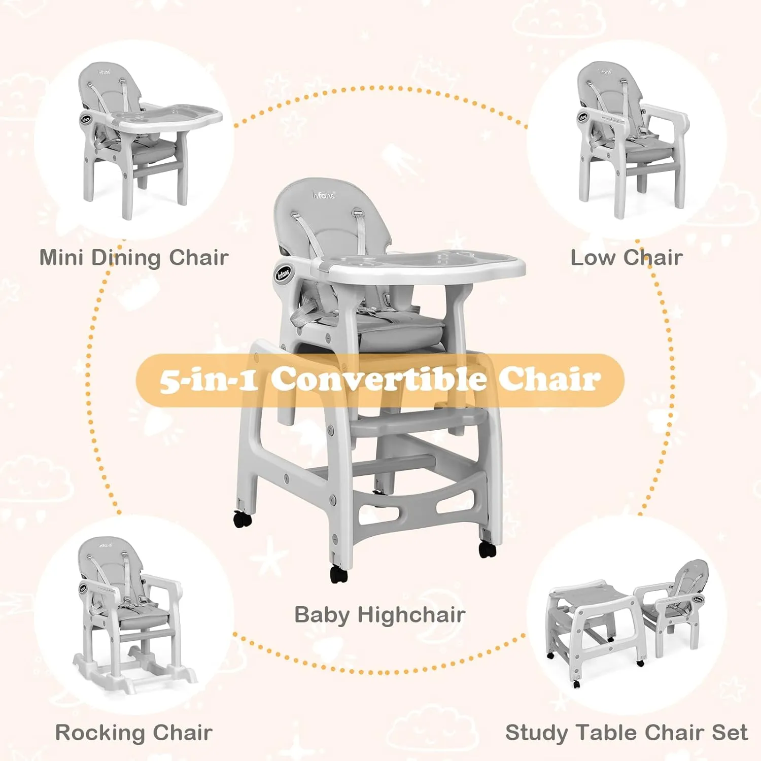 INFANS 5 in 1 Baby High Chair, Convertible Toddler Table Chair Set, Multi-Function Rocking Seat with Lockable Universal Wheels, Adjustable Seat Back, Removable Trays