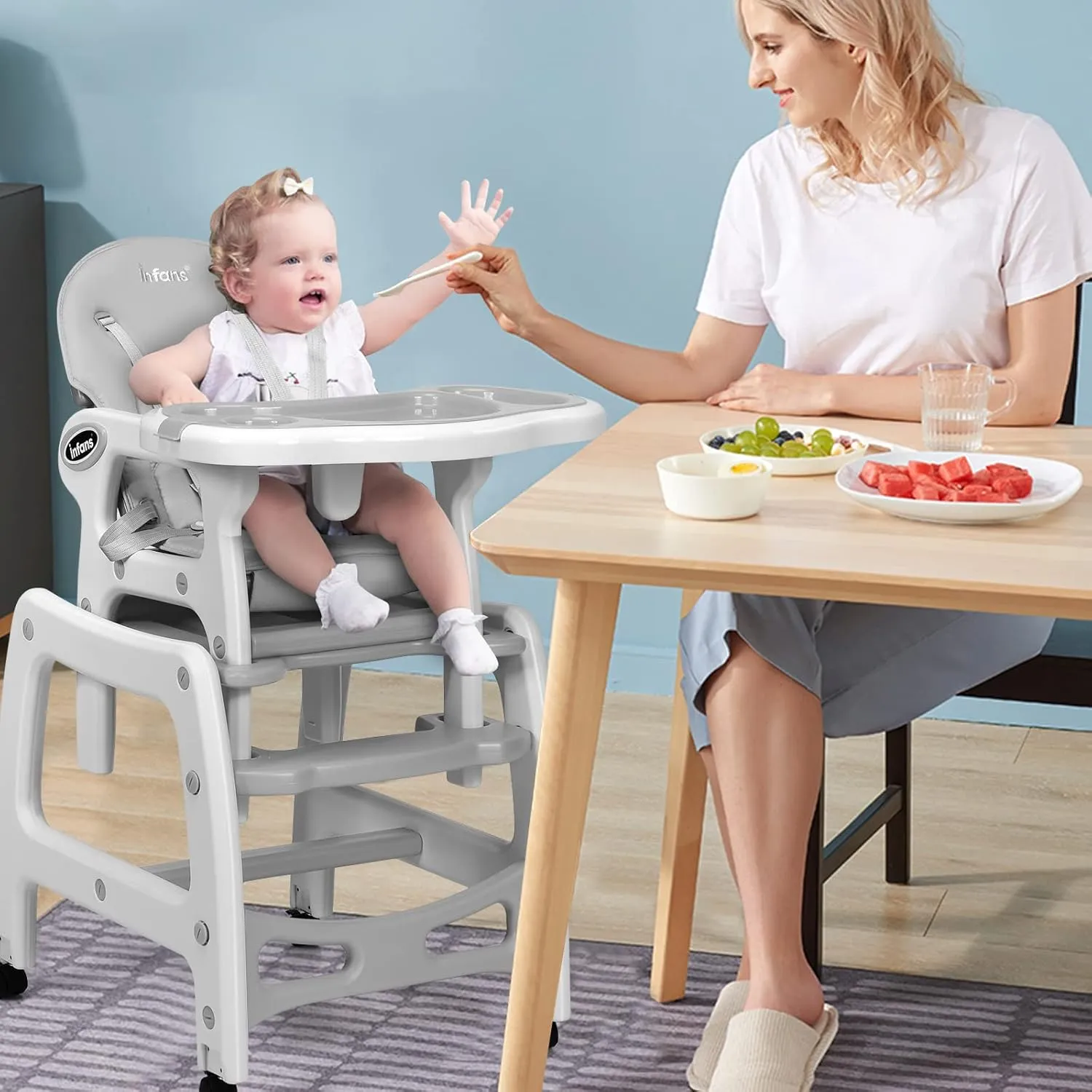 INFANS 5 in 1 Baby High Chair, Convertible Toddler Table Chair Set, Multi-Function Rocking Seat with Lockable Universal Wheels, Adjustable Seat Back, Removable Trays