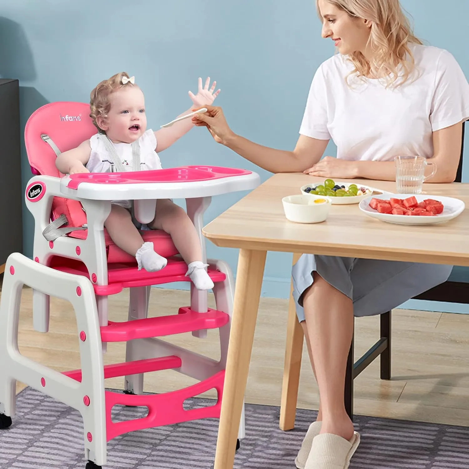 INFANS 5 in 1 Baby High Chair, Convertible Toddler Table Chair Set, Rocking Chair, Multi-Function Seat with Lockable Universal Wheels, Adjustable Seat Back, Removable Trays