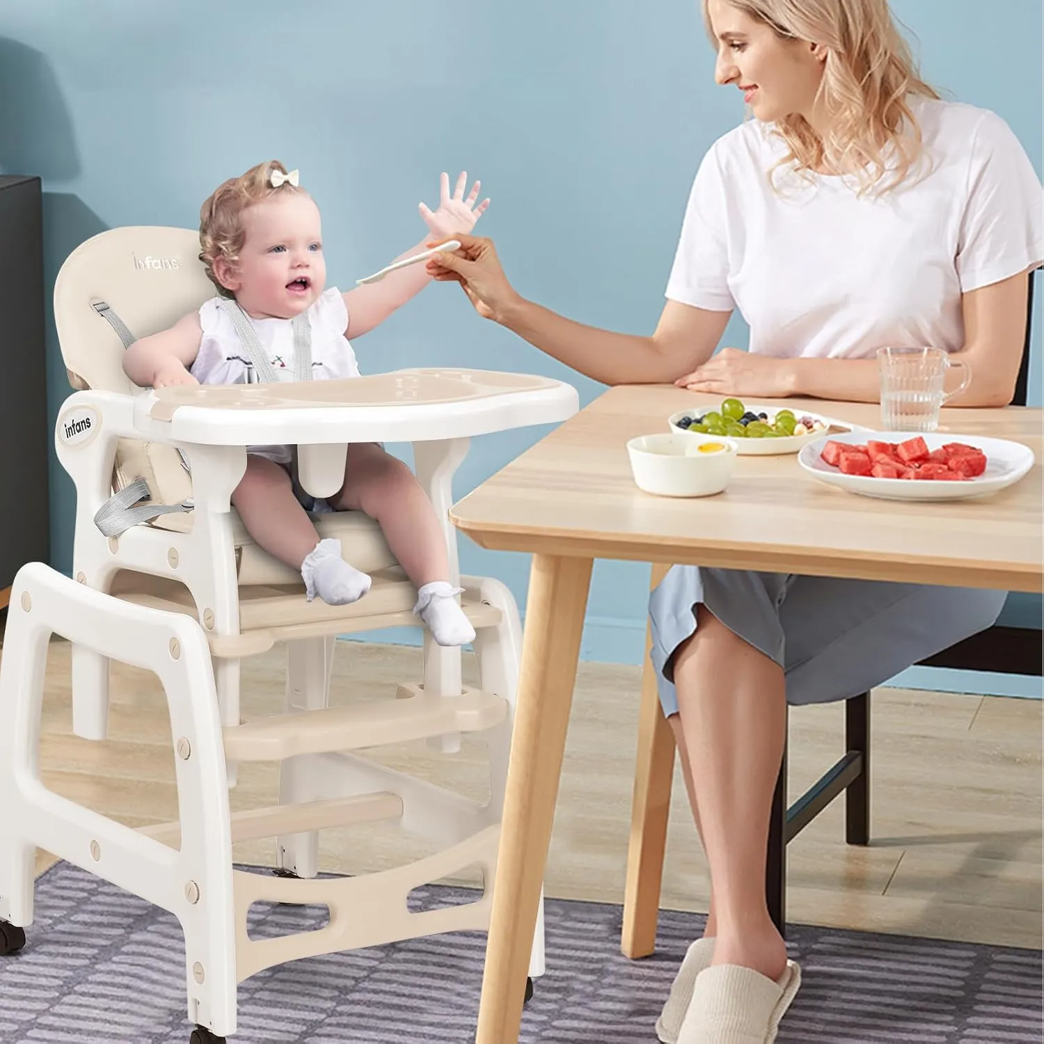 INFANS 5 in 1 Baby High Chair, Convertible Toddler Table Chair Set, Rocking Chair, Multi-Function Seat with Lockable Universal Wheels, Adjustable Seat Back, Removable Trays