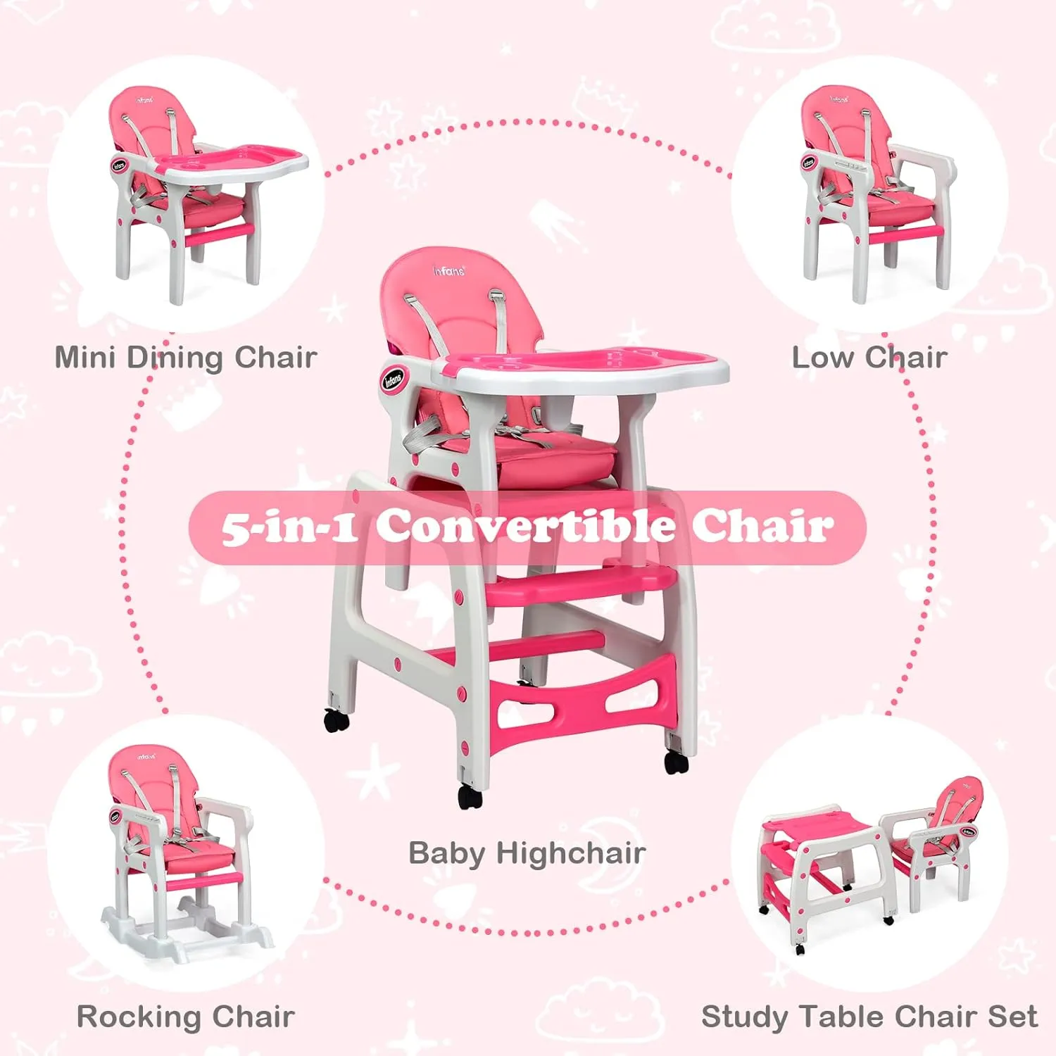 INFANS 5 in 1 Baby High Chair, Convertible Toddler Table Chair Set, Rocking Chair, Multi-Function Seat with Lockable Universal Wheels, Adjustable Seat Back, Removable Trays