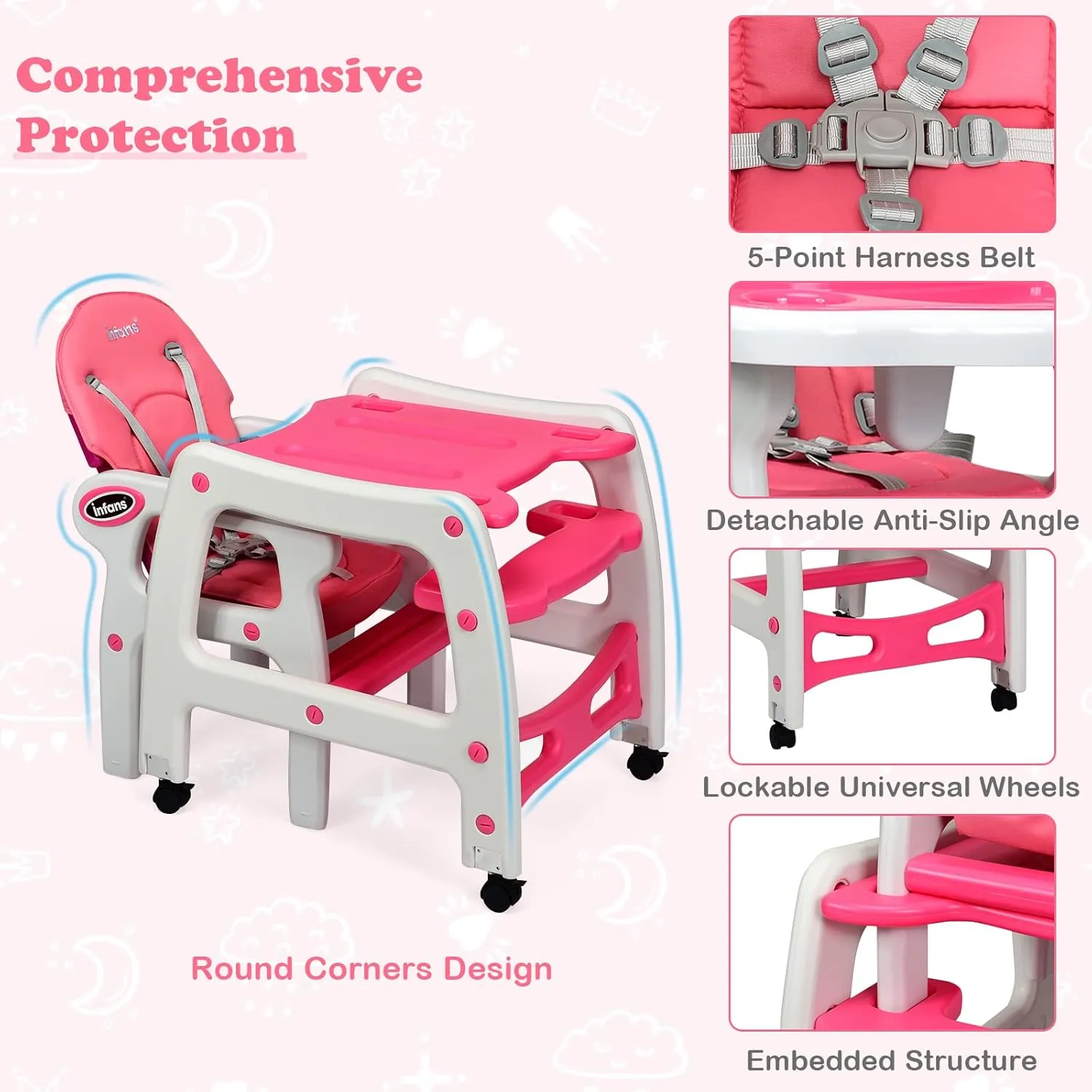 INFANS 5 in 1 Baby High Chair, Convertible Toddler Table Chair Set, Rocking Chair, Multi-Function Seat with Lockable Universal Wheels, Adjustable Seat Back, Removable Trays