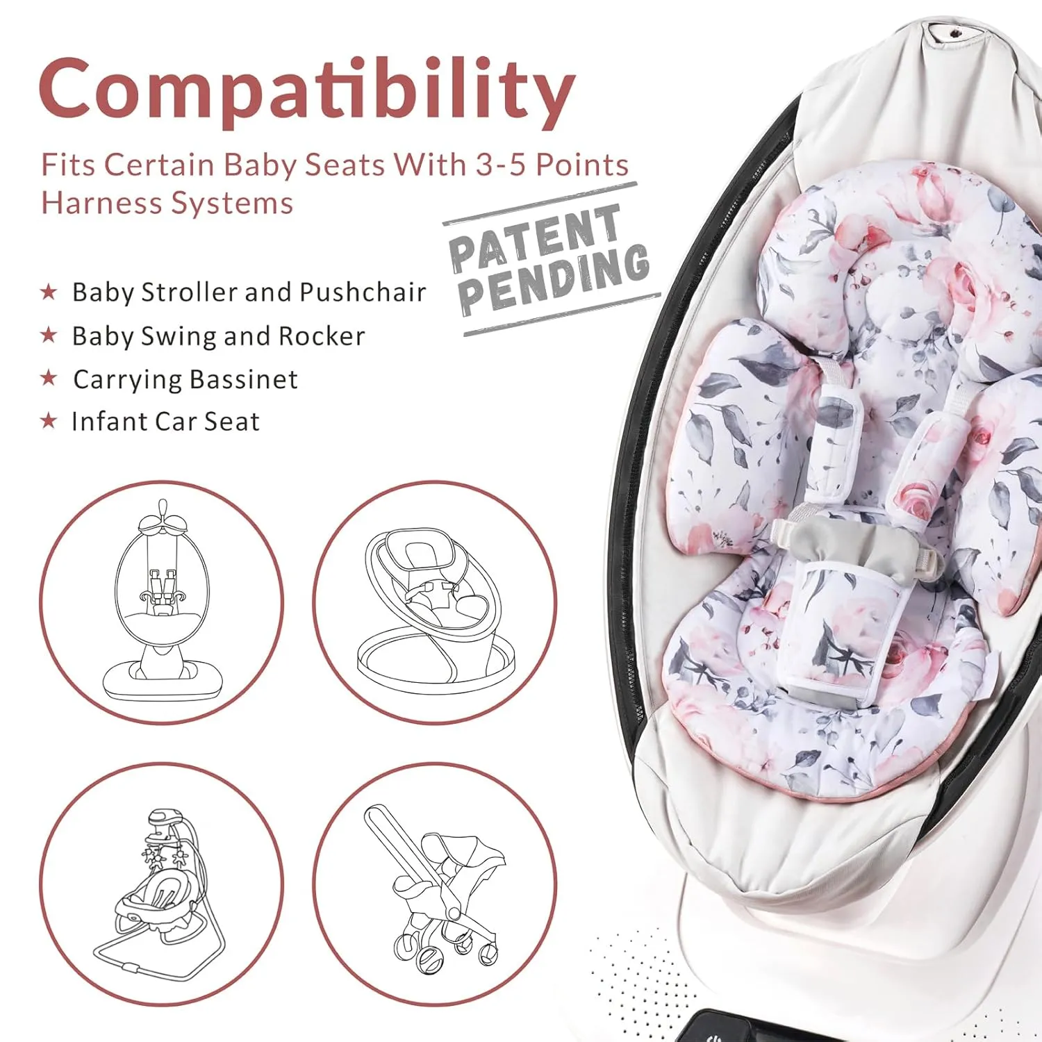 Infant Insert Compatible with 4moms Mamaroo Swing & Graco Swing and Infant Car Seat, Newborn Insert, Baby Head and Body Support, Reversible Design, Breathable Soft Fabric, 1Pcs - Pink Floral