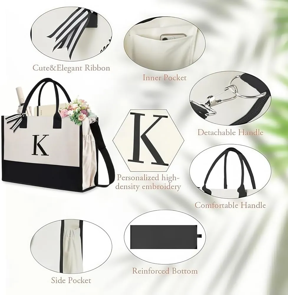 Initial Canvas Beach Bag, Canvas Tote Bag, Work Tote Bag, Reusable Grocery Bags, Personalized Gifts for Mom Friends