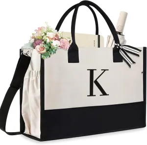 Initial Canvas Beach Bag, Canvas Tote Bag, Work Tote Bag, Reusable Grocery Bags, Personalized Gifts for Mom Friends