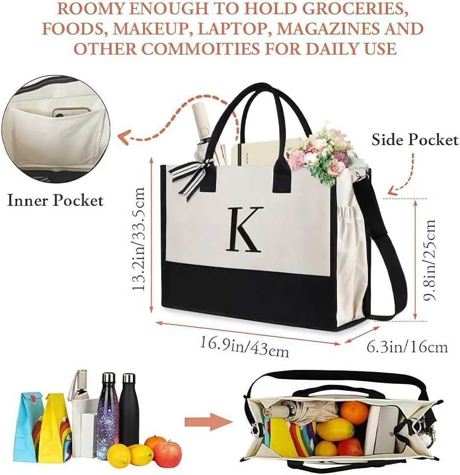 Initial Canvas Beach Bag, Canvas Tote Bag, Work Tote Bag, Reusable Grocery Bags, Personalized Gifts for Mom Friends