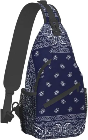 Inlima Southwestern Navy Blue Bandana Paisley Print Casual Backpacks,Unisex Crossbody Bags,Chest Bags,Travel Hiking Shoulder Bags, Black, SB-122
