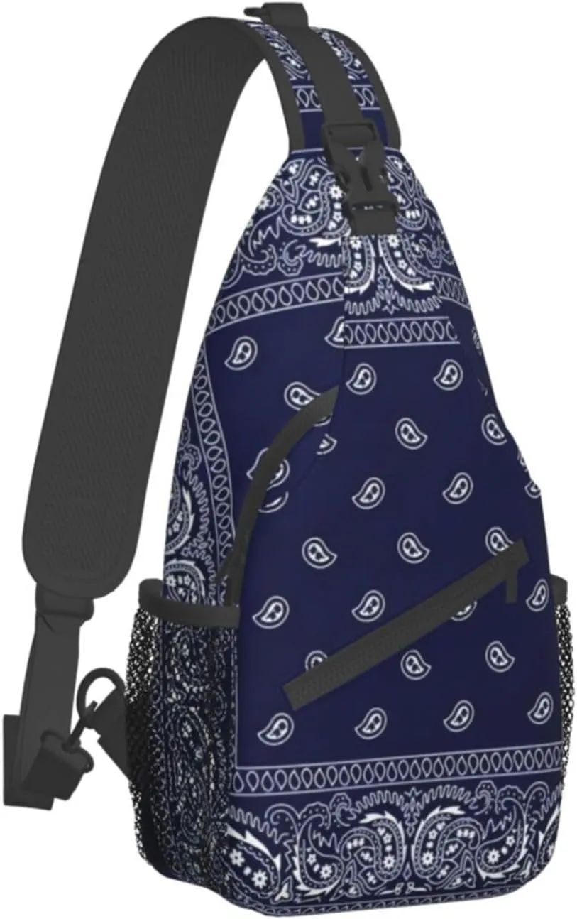 Inlima Southwestern Navy Blue Bandana Paisley Print Casual Backpacks,Unisex Crossbody Bags,Chest Bags,Travel Hiking Shoulder Bags, Black, SB-122