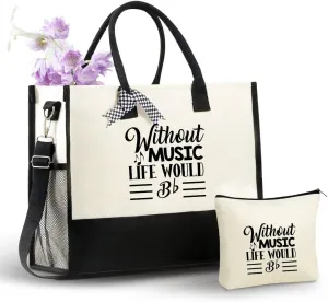 InnoBeta Music Lover Canvas Tote Bag with Top Zipper Closure, Organized Pockets, Customizable with Ribbons - Natural - Women, Music Lovers - 17" x 6.5" x 12"