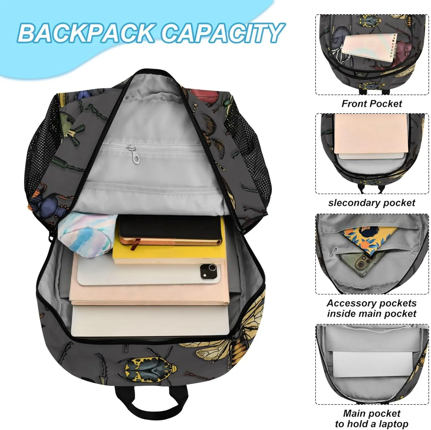 Insects Beetle Backpack with Lunch Bag, School Backpack for Teens Boys Girls Kids Backpacks Set