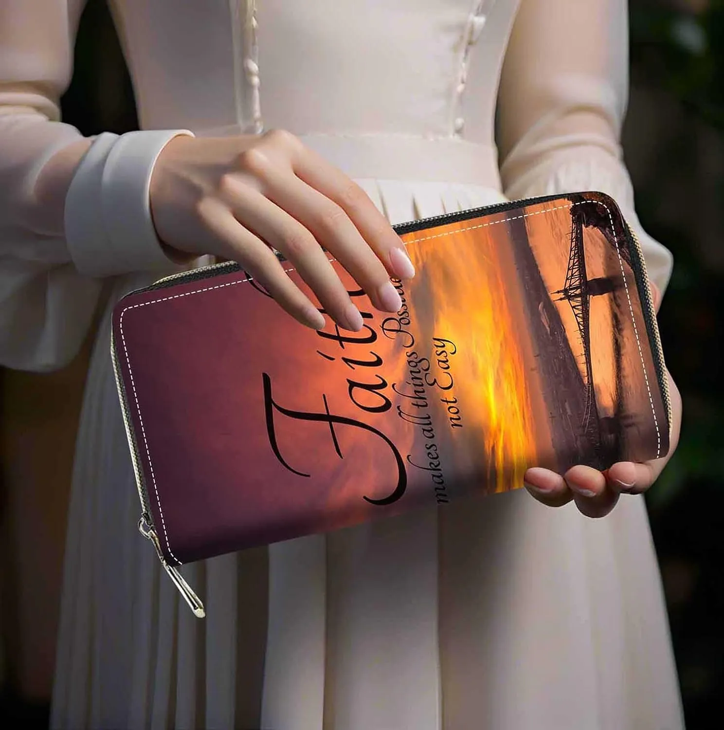 Inspirational Quotes Print Women Large Capacity Wallet PU Leather Zipper Clutch Purse for Smart Phone/Card/Coin/Cash (Faith Makes Things Possible Not Easy)