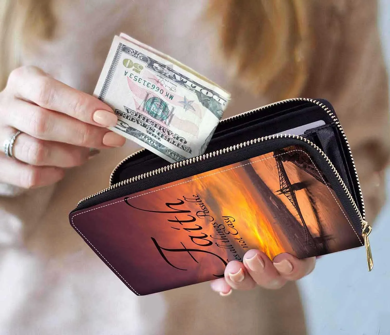 Inspirational Quotes Print Women Large Capacity Wallet PU Leather Zipper Clutch Purse for Smart Phone/Card/Coin/Cash (Faith Makes Things Possible Not Easy)