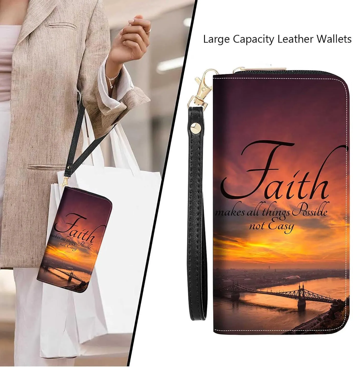 Inspirational Quotes Print Women Large Capacity Wallet PU Leather Zipper Clutch Purse for Smart Phone/Card/Coin/Cash (Faith Makes Things Possible Not Easy)