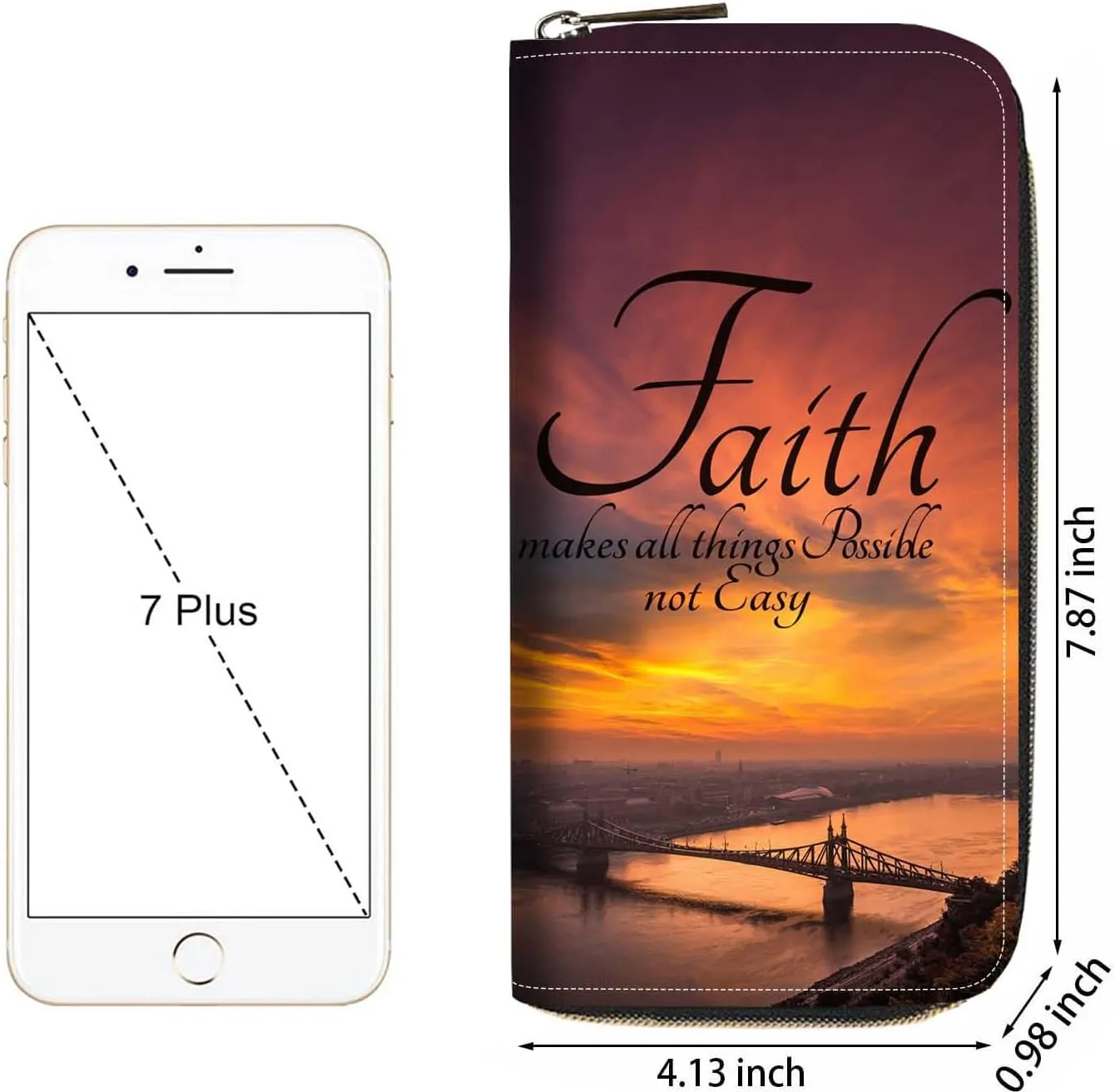 Inspirational Quotes Print Women Large Capacity Wallet PU Leather Zipper Clutch Purse for Smart Phone/Card/Coin/Cash (Faith Makes Things Possible Not Easy)