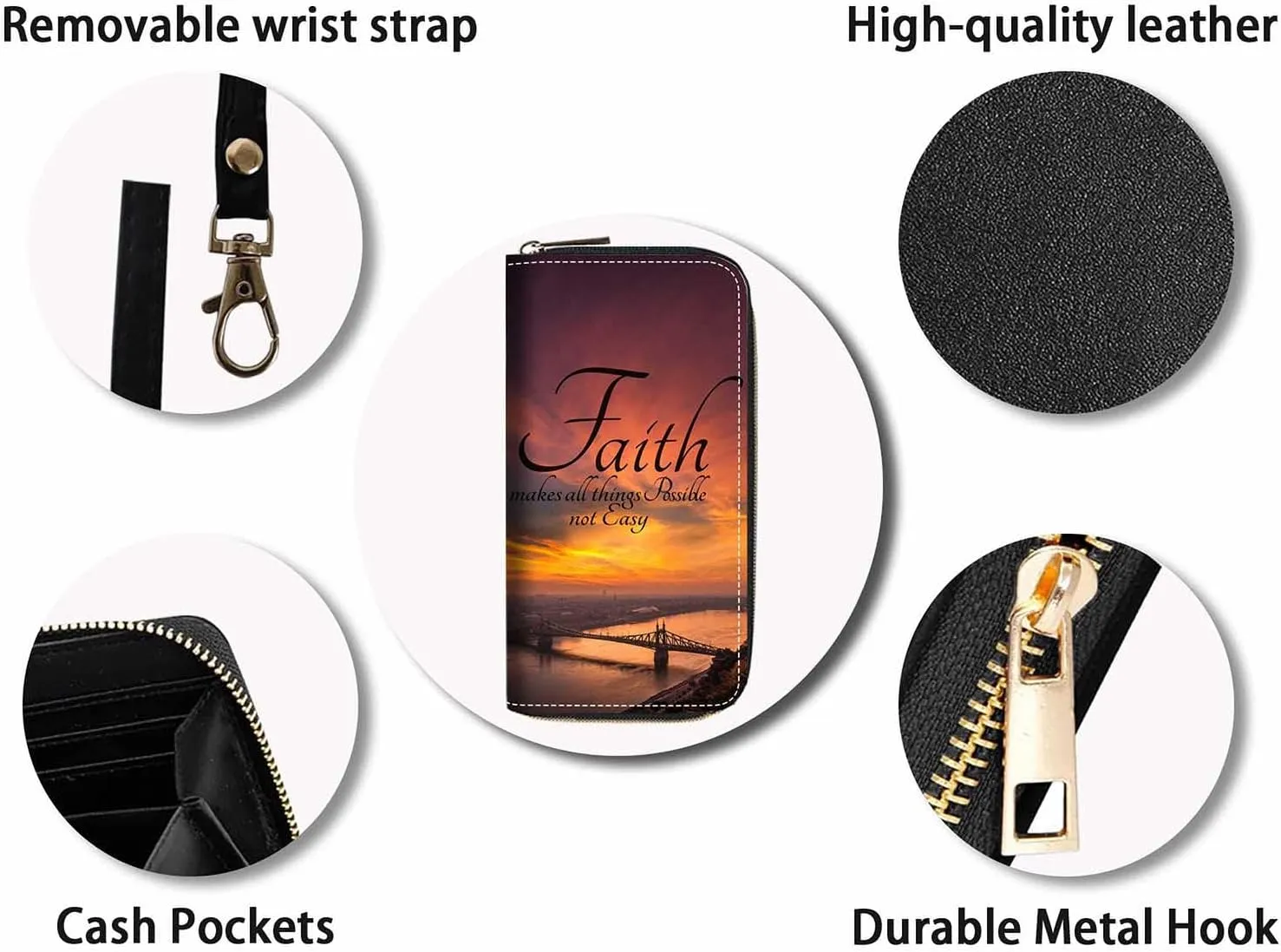 Inspirational Quotes Print Women Large Capacity Wallet PU Leather Zipper Clutch Purse for Smart Phone/Card/Coin/Cash (Faith Makes Things Possible Not Easy)