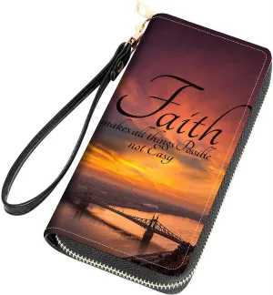 Inspirational Quotes Print Women Large Capacity Wallet PU Leather Zipper Clutch Purse for Smart Phone/Card/Coin/Cash (Faith Makes Things Possible Not Easy)