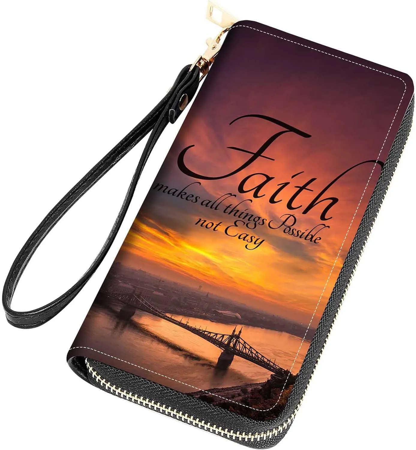 Inspirational Quotes Print Women Large Capacity Wallet PU Leather Zipper Clutch Purse for Smart Phone/Card/Coin/Cash (Faith Makes Things Possible Not Easy)