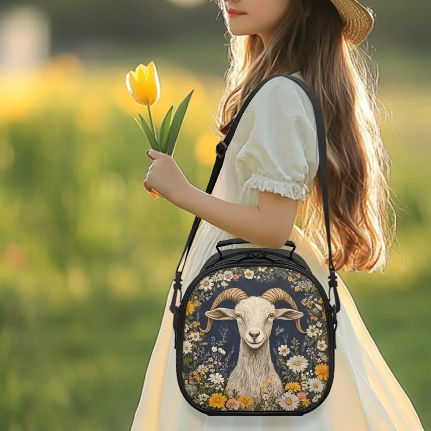 Insulated Lunch Bag Aesthetic Goat Shoulder Bag for School Large Capacity Preppy Lunch Bag Daisy Travel Tote Bag for Vacation