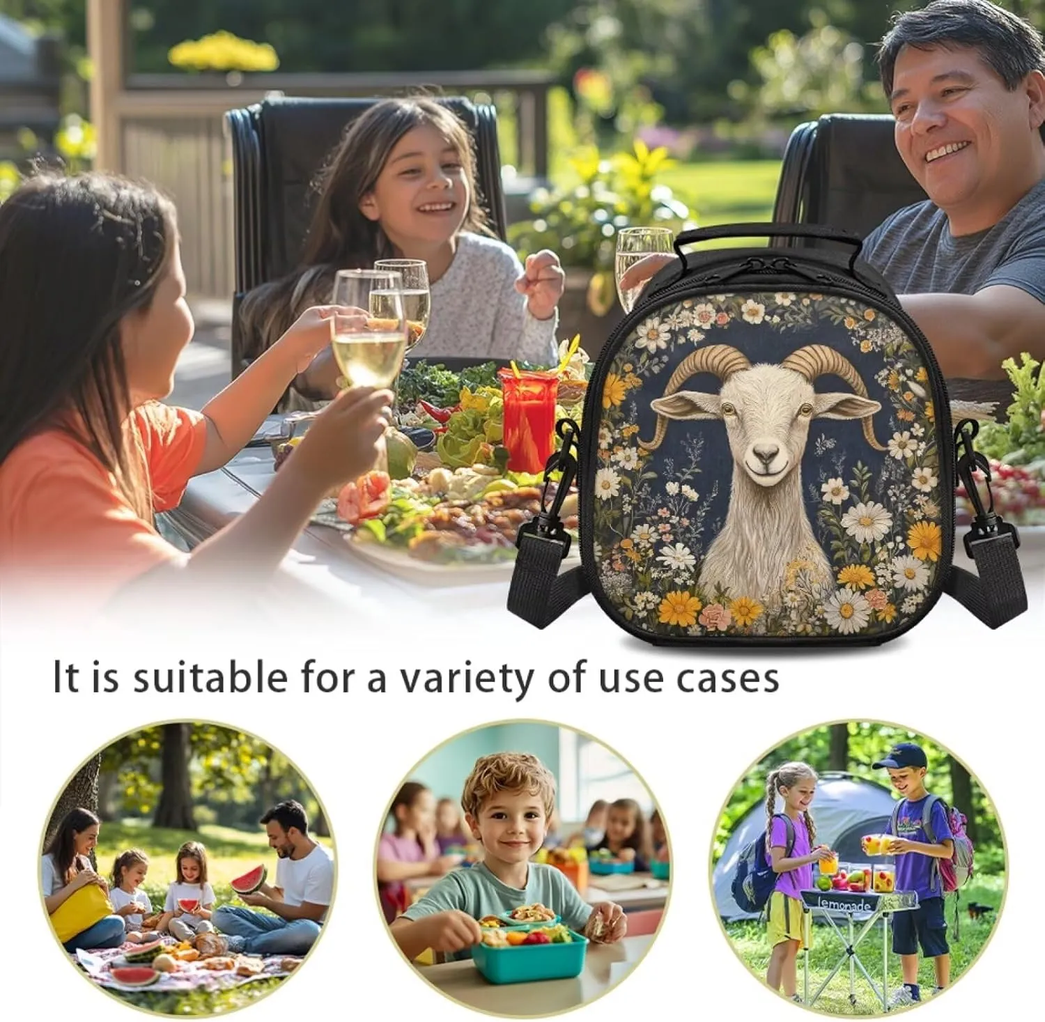 Insulated Lunch Bag Aesthetic Goat Shoulder Bag for School Large Capacity Preppy Lunch Bag Daisy Travel Tote Bag for Vacation