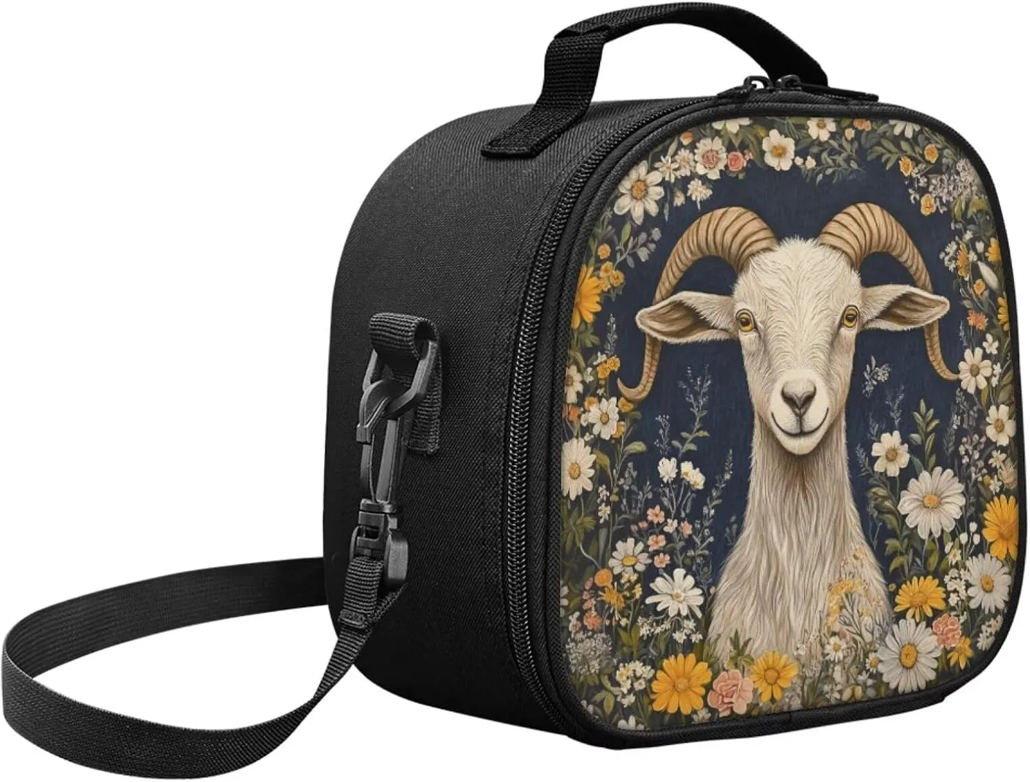 Insulated Lunch Bag Aesthetic Goat Shoulder Bag for School Large Capacity Preppy Lunch Bag Daisy Travel Tote Bag for Vacation