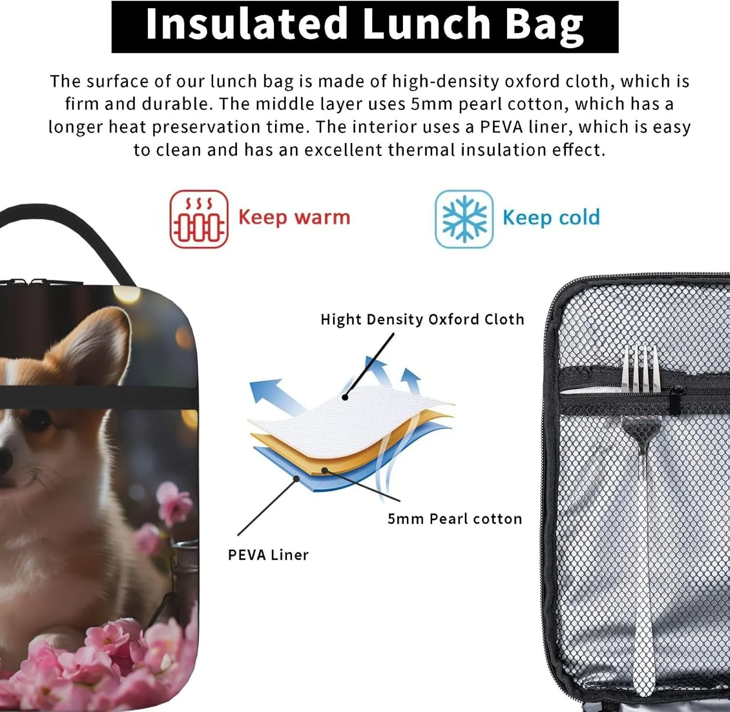 Insulated Lunch Bag for Men Women Reusable Lunch Box Corgi Dog on the Table Lunchbox Leakproof Cooler Bags for Work Picnic