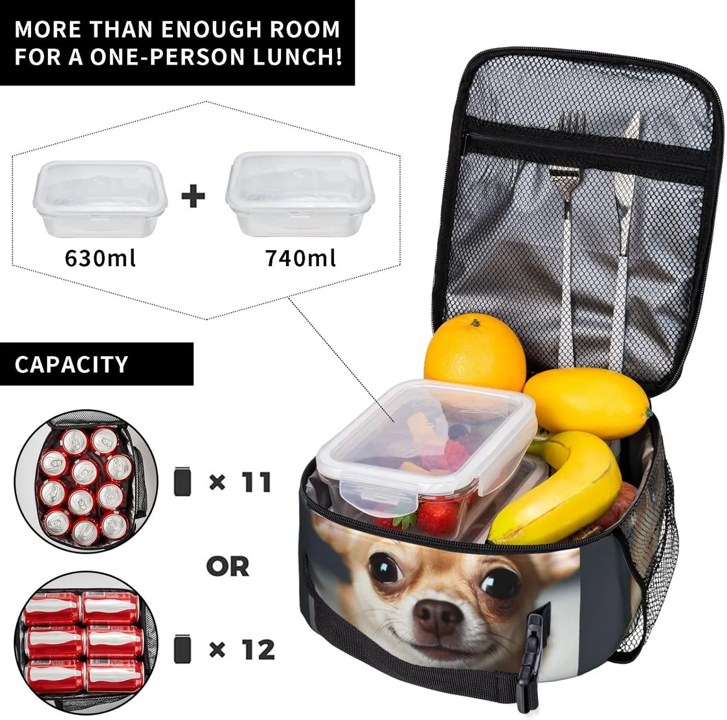 Insulated Lunch Bag for Men Women Reusable Lunch Box Cute Chihuahua Lunchbox Leakproof Cooler Bags for Work Picnic