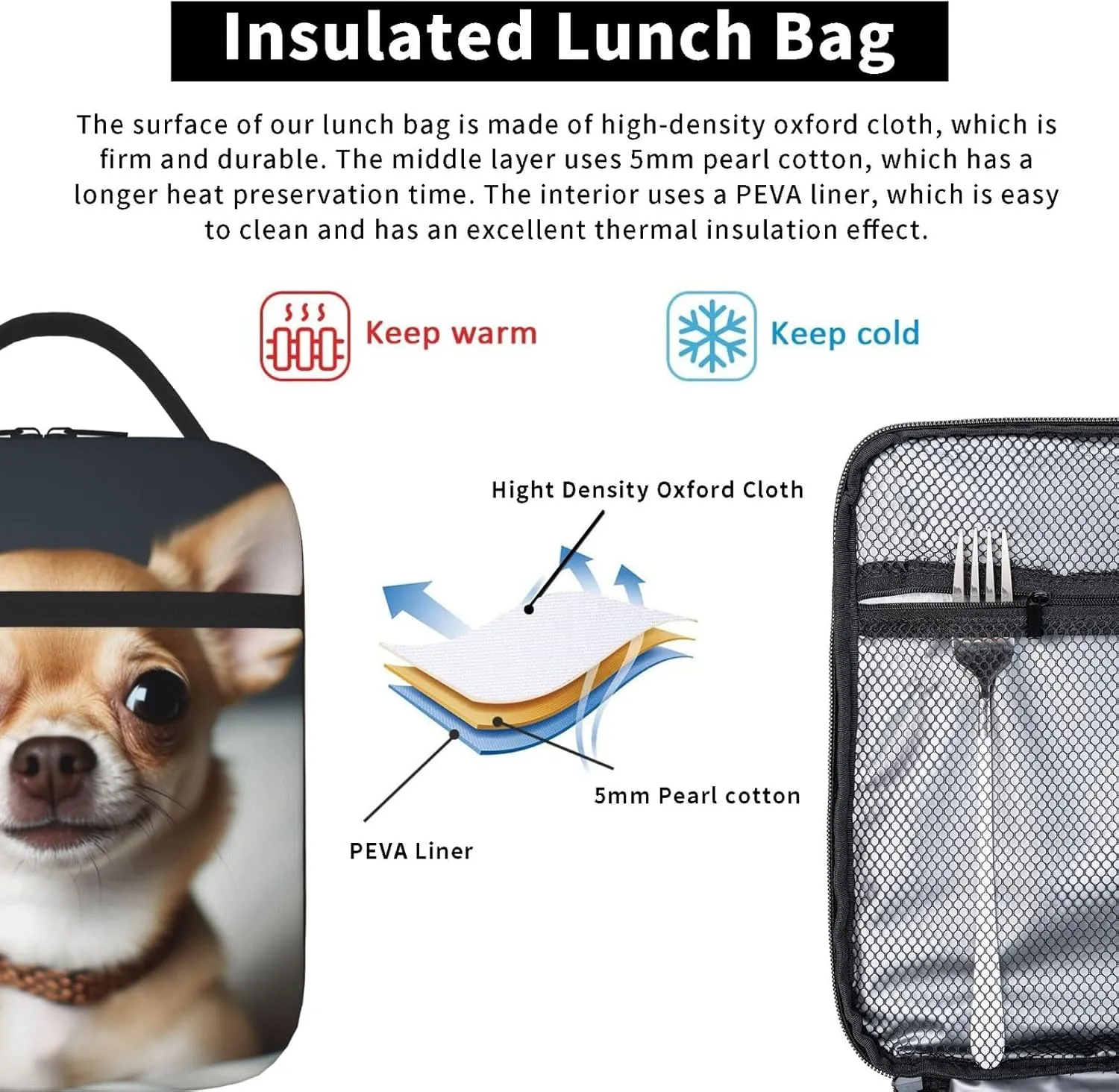 Insulated Lunch Bag for Men Women Reusable Lunch Box Cute Chihuahua Lunchbox Leakproof Cooler Bags for Work Picnic
