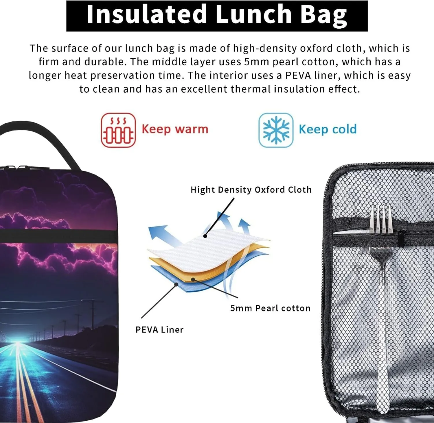 Insulated Lunch Bag for Men Women Reusable Lunch Box Late night highway Lunchbox Leakproof Cooler Bags for Work Picnic
