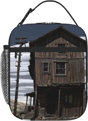 Insulated Lunch Bag for Men Women Reusable Lunch Box Old Building Up by a Wooden Post Lunchbox Leakproof Cooler Bags for Work Picnic