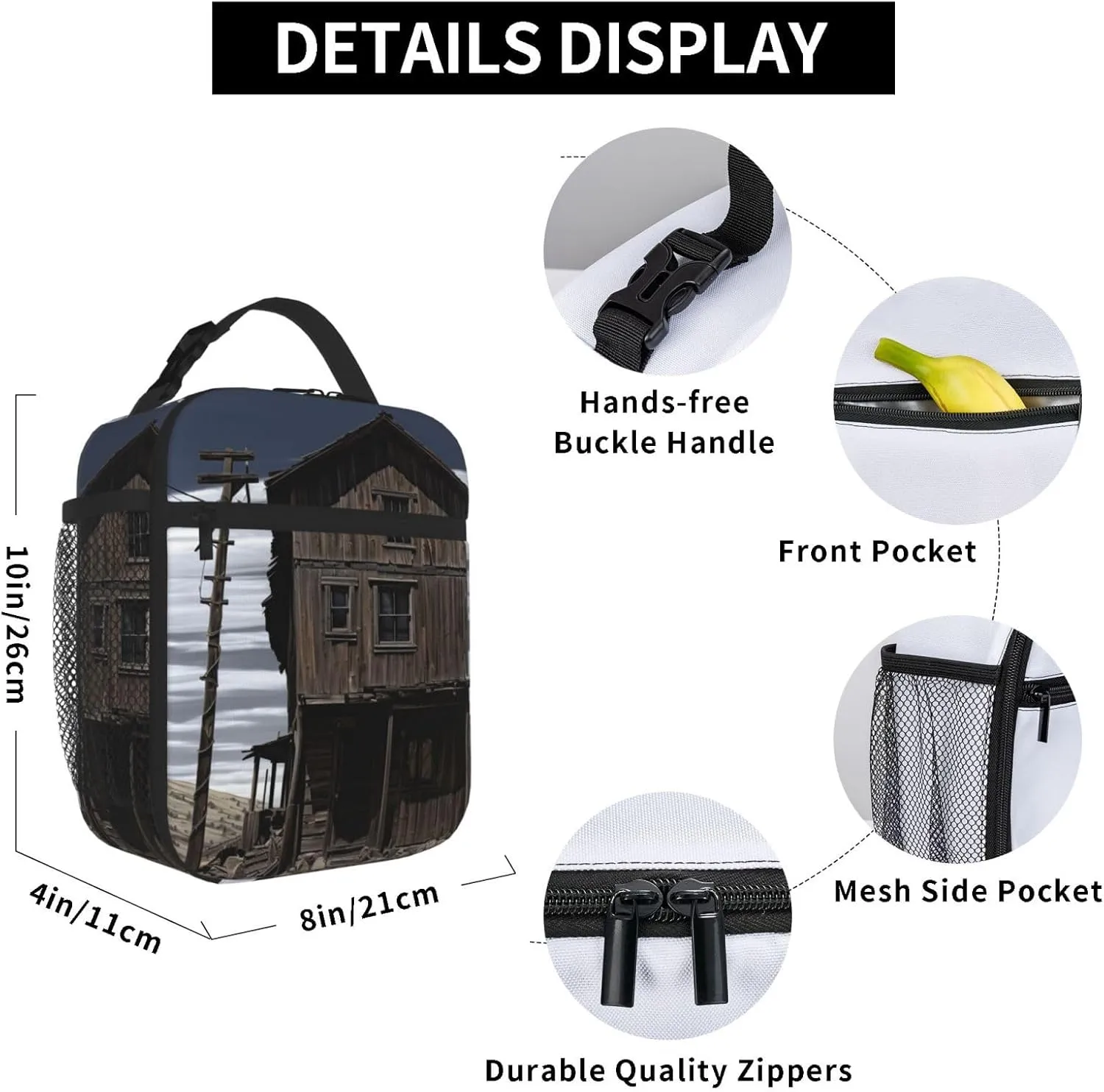 Insulated Lunch Bag for Men Women Reusable Lunch Box Old Building Up by a Wooden Post Lunchbox Leakproof Cooler Bags for Work Picnic