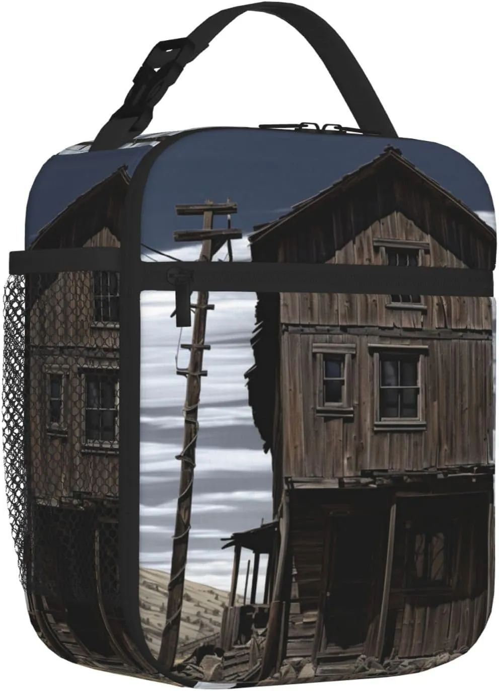 Insulated Lunch Bag for Men Women Reusable Lunch Box Old Building Up by a Wooden Post Lunchbox Leakproof Cooler Bags for Work Picnic