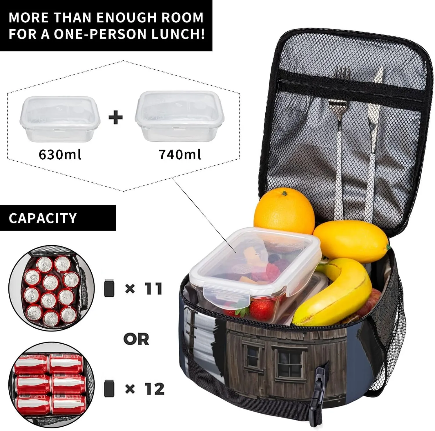 Insulated Lunch Bag for Men Women Reusable Lunch Box Old Building Up by a Wooden Post Lunchbox Leakproof Cooler Bags for Work Picnic