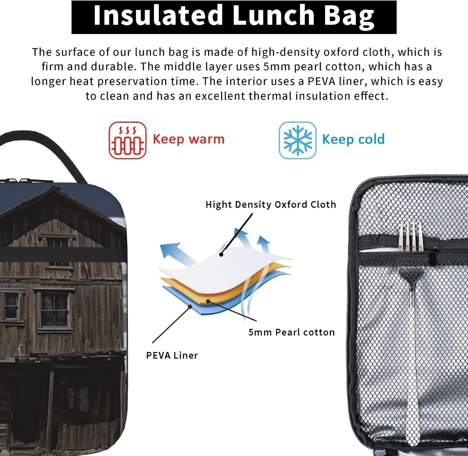 Insulated Lunch Bag for Men Women Reusable Lunch Box Old Building Up by a Wooden Post Lunchbox Leakproof Cooler Bags for Work Picnic