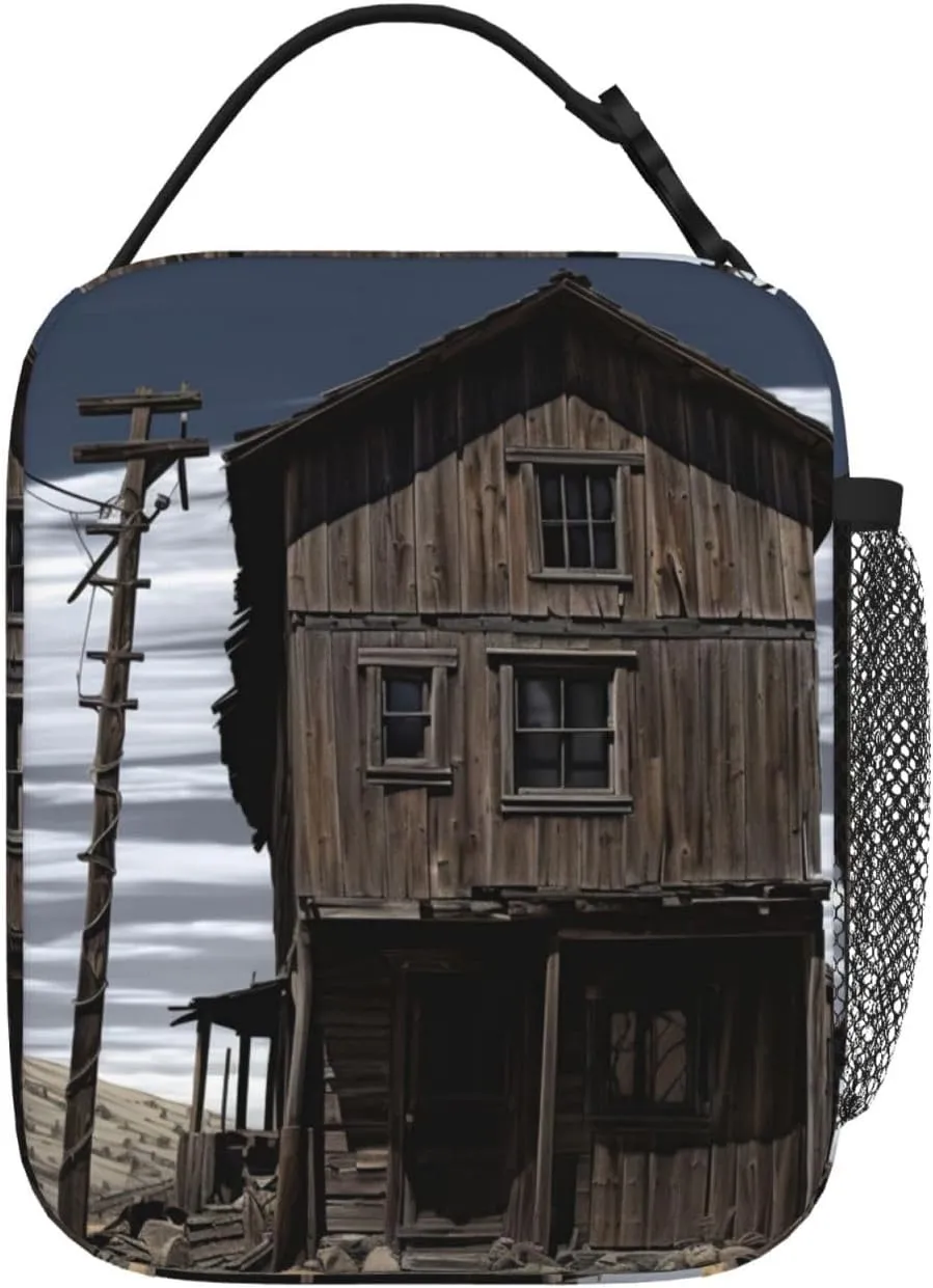 Insulated Lunch Bag for Men Women Reusable Lunch Box Old Building Up by a Wooden Post Lunchbox Leakproof Cooler Bags for Work Picnic