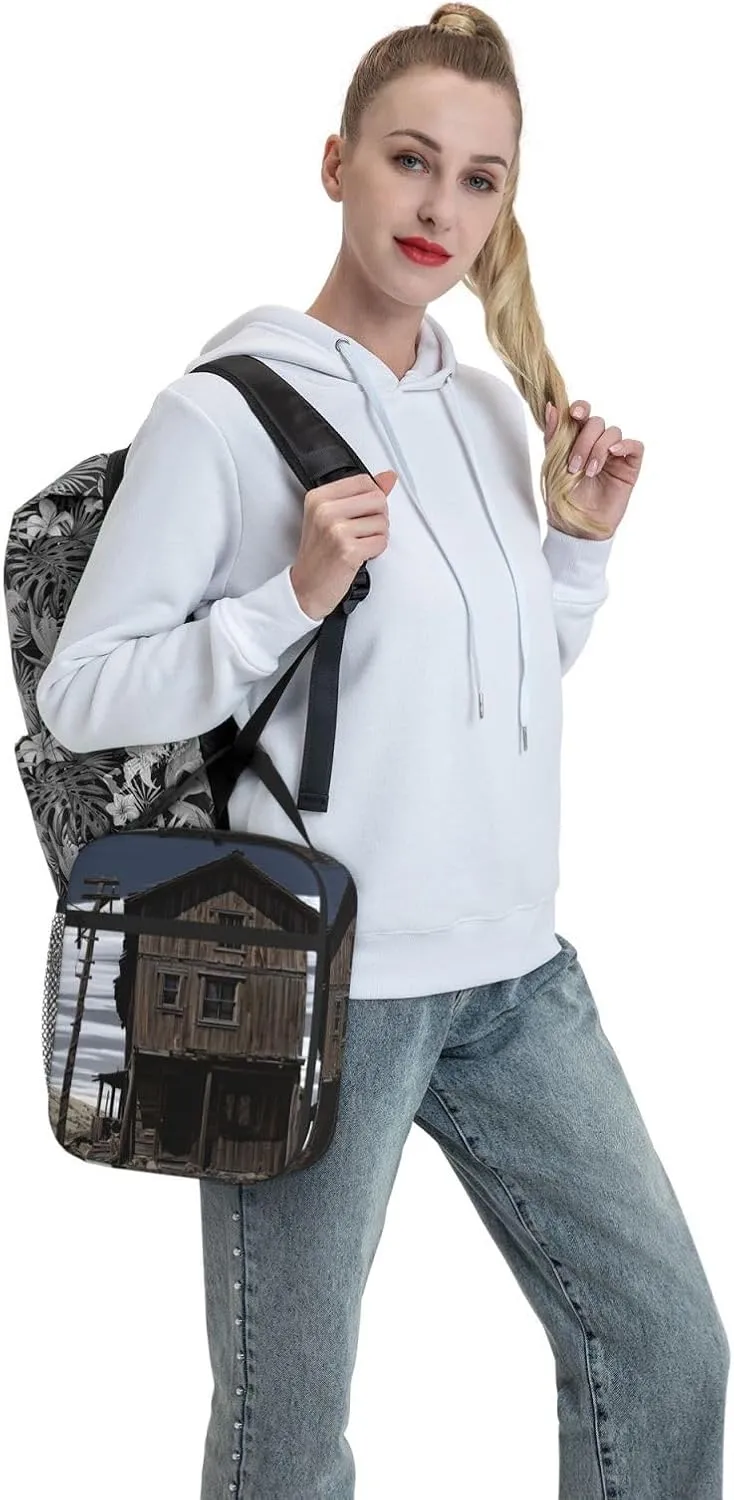 Insulated Lunch Bag for Men Women Reusable Lunch Box Old Building Up by a Wooden Post Lunchbox Leakproof Cooler Bags for Work Picnic