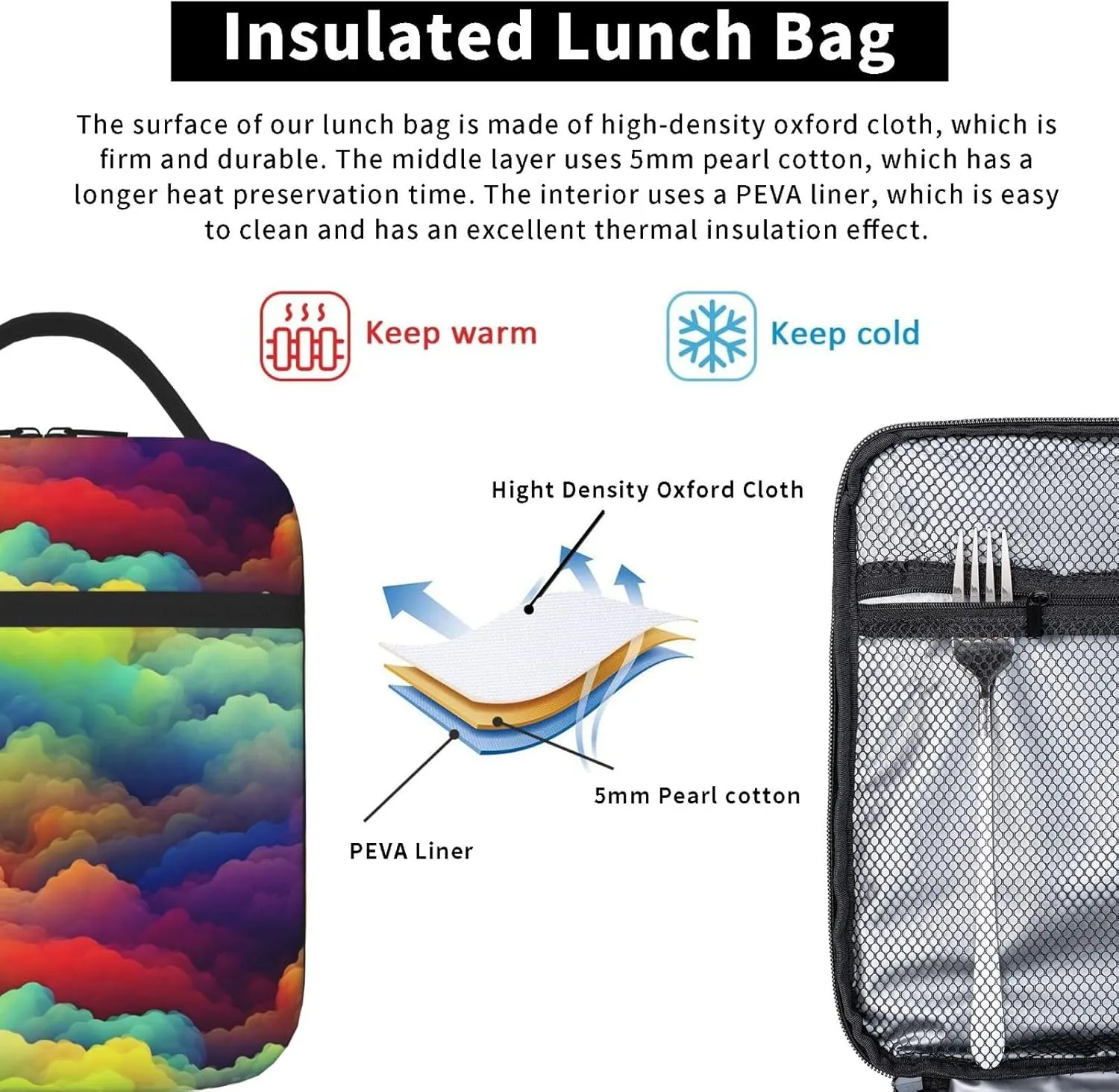 Insulated Lunch Bag for Men Women Reusable Lunch Box Rainbow clouds Lunchbox Leakproof Cooler Bags for Work Picnic
