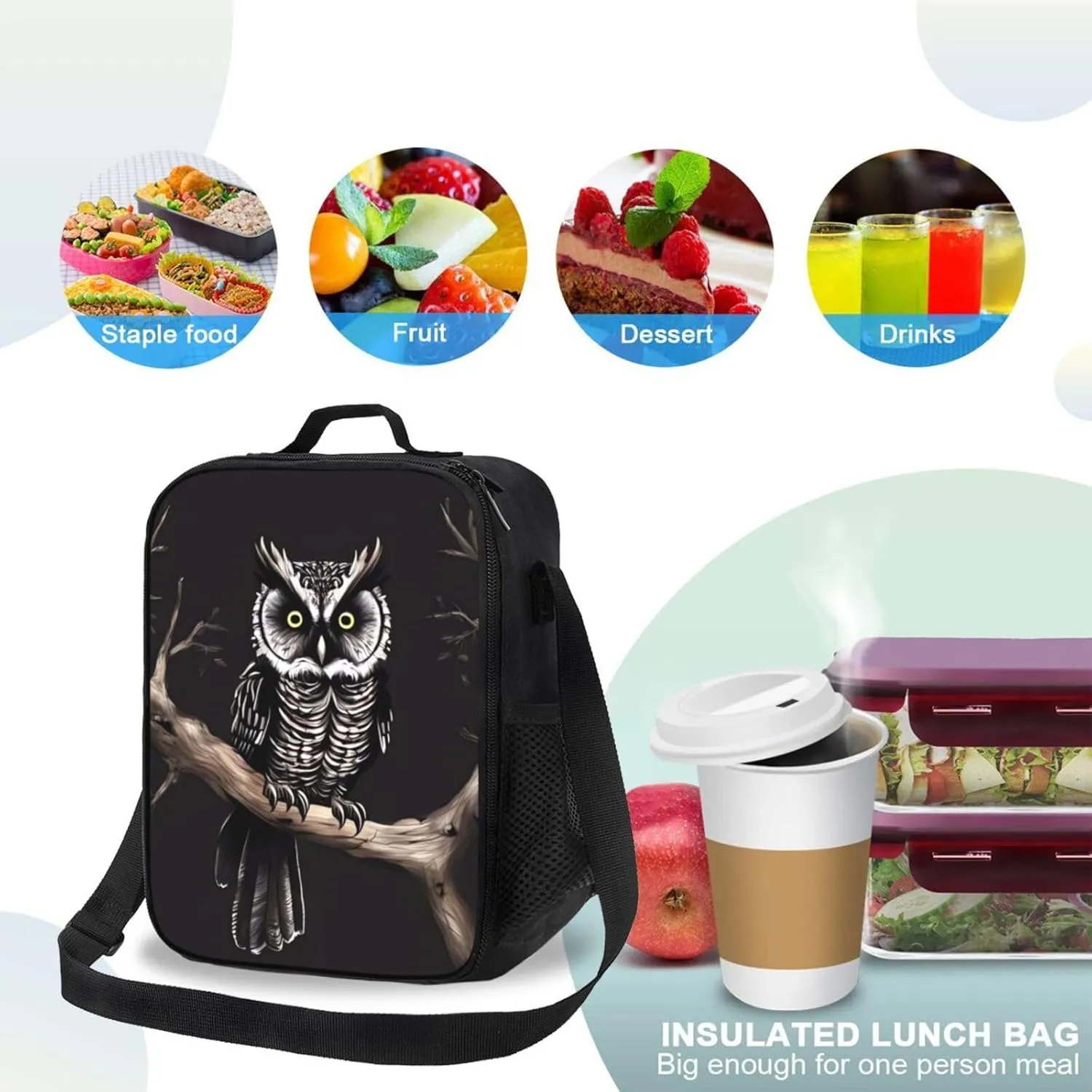 Insulated Lunch box for Men Women Reusable Lunch Bag Late Night Owl Cooler Tote Bags for Work Picnic