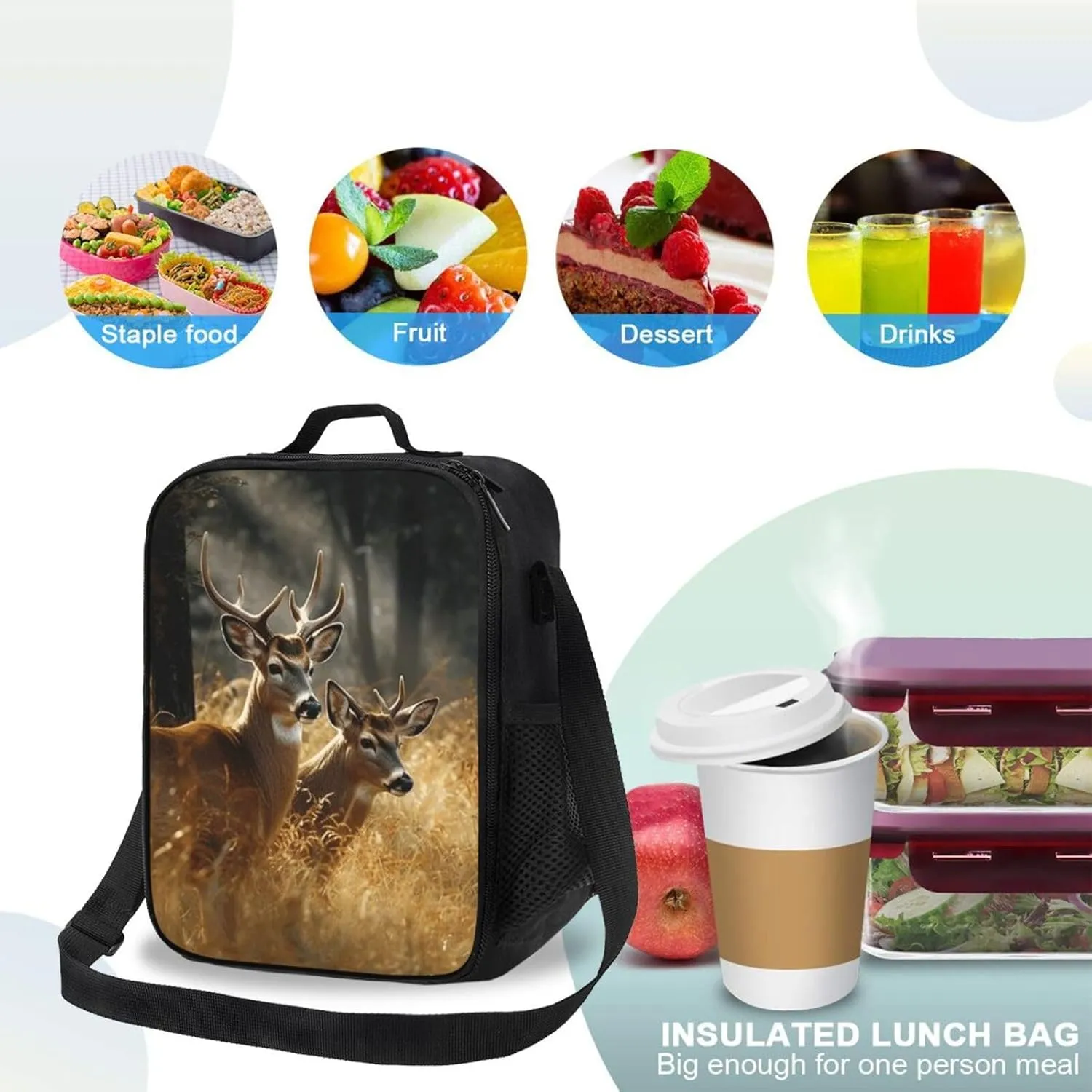 Insulated Lunch box for Men Women Reusable Lunch Bag Nature wild Animal Deers Cooler Tote Bags for Work Picnic