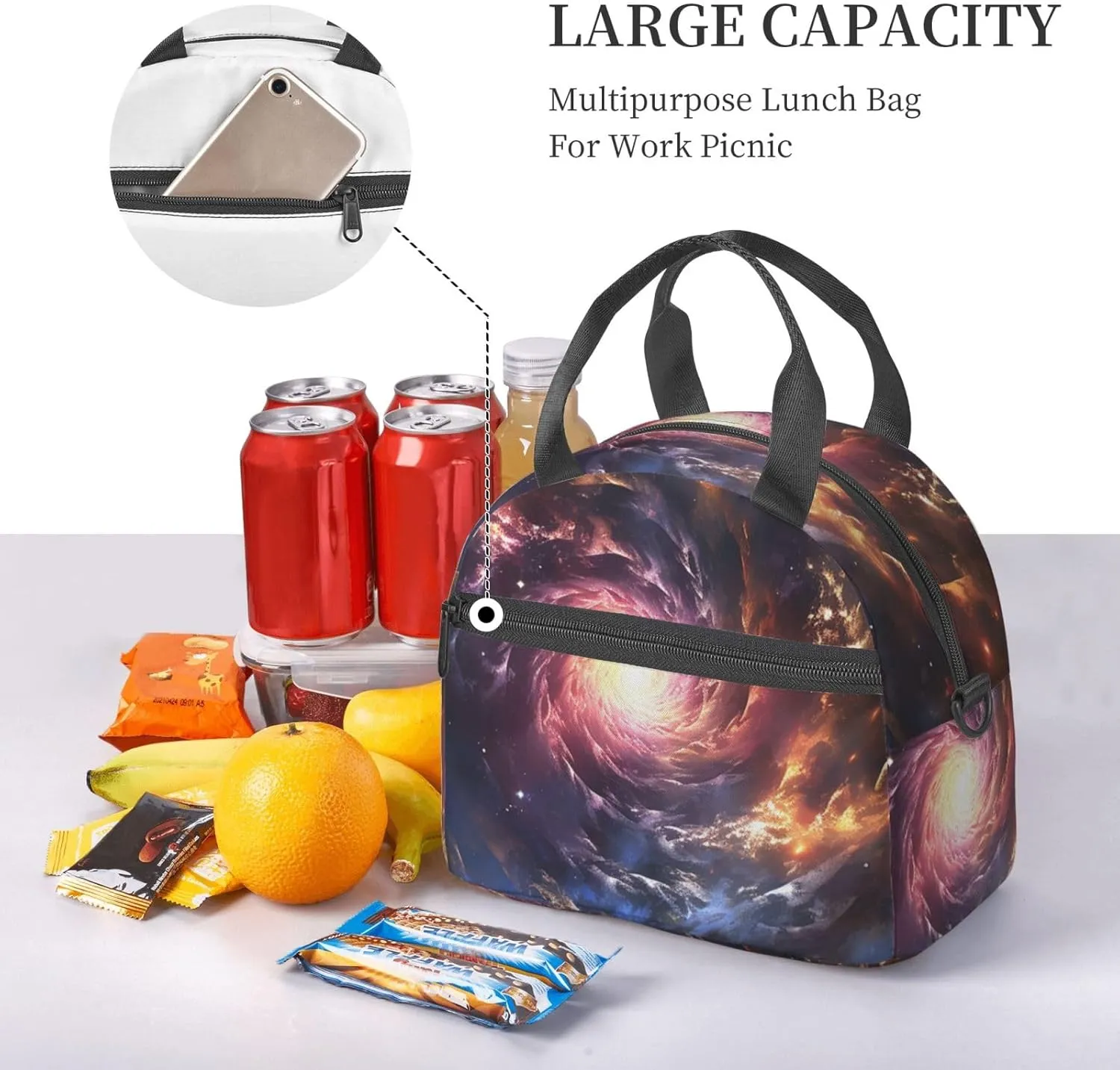 Insulated Lunchbox Reusable Cooler Bag Cosmic Storm Lunch Bag Portable Lunch Tote Bag for Work Picnic
